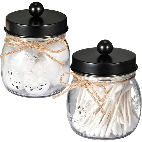 2 Pcs Apothecary Jars Set, Decorative Mason Jars, Bathroom Vanity Storage Organizer Canisters,Cute Glass Apothecary Jars with Stainless Steel Lid for Cotton Swabs,Rounds,Balls,Floss picks, Black