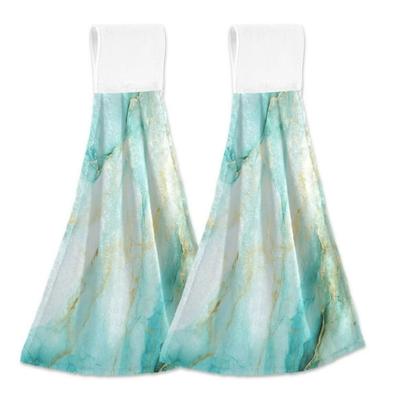 2 Pcs Aqua White Marble Kitchen Hand Towels with Hanging Loops Absorbent Soft Fast Drying Decor Bath Towels