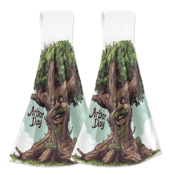 2 Pcs Arbor Day Cartoon Tree Kitchen Hand Towels with Hanging Loops Absorbent Soft Fast Drying Decor Bath Towels