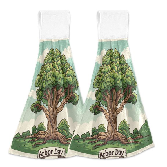 2 Pcs Arbor Day Tree Kitchen Hand Towels with Hanging Loops Absorbent Soft Fast Drying Decor Bath Towels