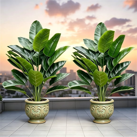 2 Pcs Artificial Bird of Paradise Plants, Fake Tropical Banana Leaf Stems, Realistic Faux Greenery, UV Resistant for Home Patio Garden Indoor Outdoor Decor