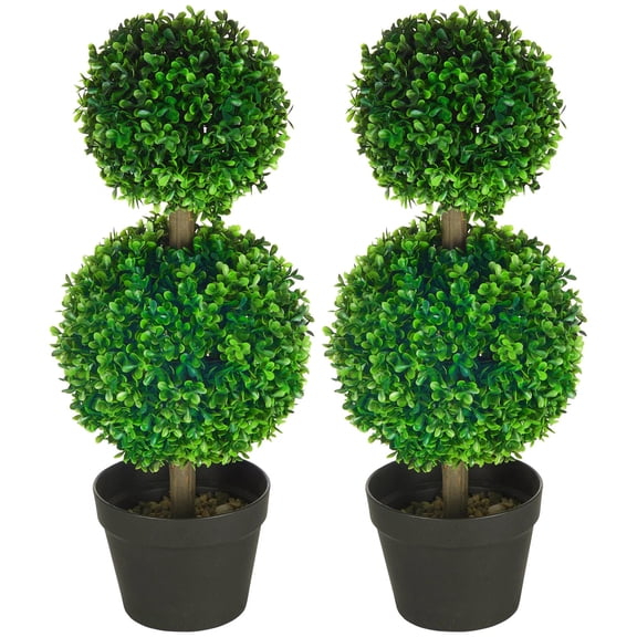 2 Pcs Artificial Boxwood Ball Topiary Tree with Double Ball-Shaped Leaves in Pot