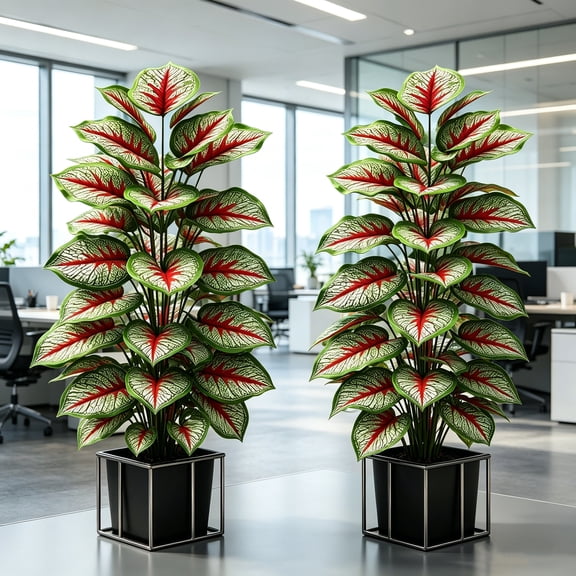 2 Pcs Artificial Caladium Plant Stems, Fake Red Green Variegated Leaves, Realistic Faux Tropical Plants, UV Resistant for Home Patio Garden Indoor Outdoor Decor