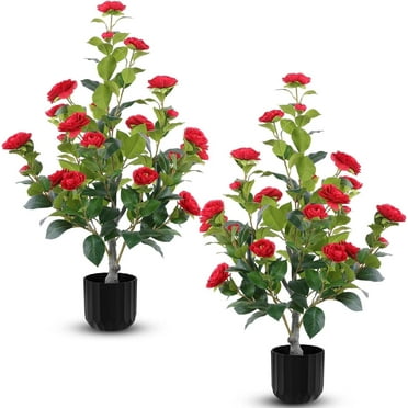 2 Pcs Artificial Camellia Trees Faux Camellia Plant in Pot with Flowers Indoor Plants for Spring Home Decor Outdoor Porch Front Door Decor (Red, M)