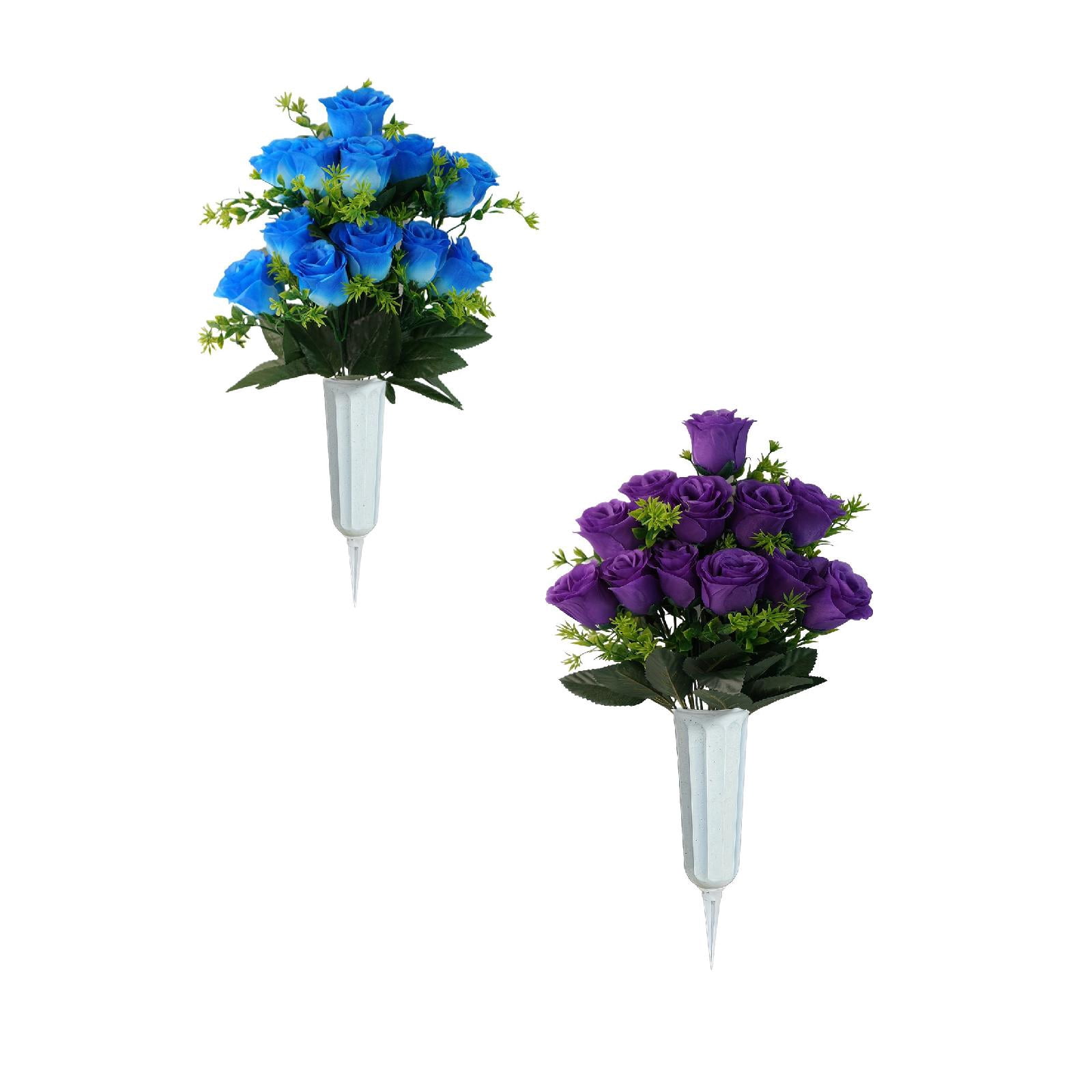 2 Pcs Artificial Cemetery Flowers with Vase, Artificial Rose Bouquet Graveyard Memorial Flowers Outdoor Grave Decorations for Cemetery Headstones Decoration, 16.5x11.8 Inch, Blue and Purple