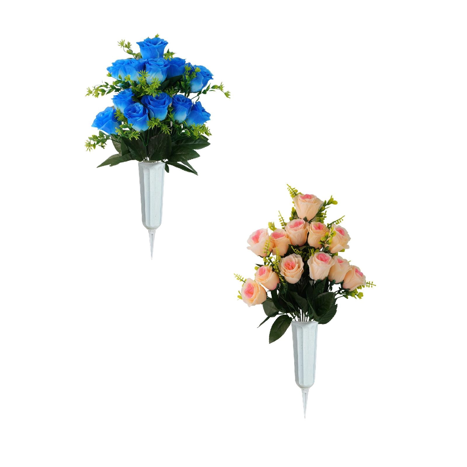 2 Pcs Artificial Cemetery Flowers with Vase, Artificial Rose Bouquet Graveyard Memorial Flowers Outdoor Grave Decorations for Cemetery Headstones Decoration, 16.5x11.8 Inch, Blue and Pink