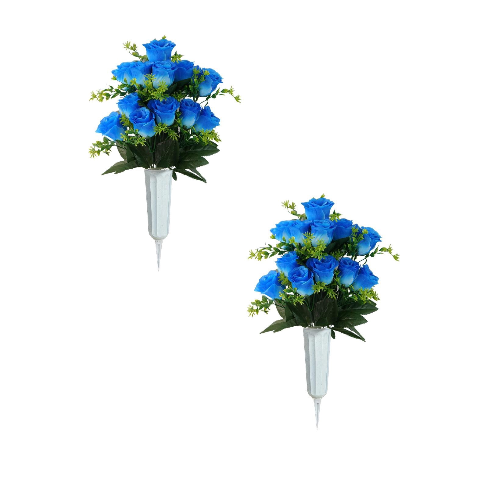 2 Pcs Artificial Cemetery Flowers with Vase, Artificial Rose Bouquet Graveyard Memorial Flowers Outdoor Grave Decorations for Cemetery Headstones Decoration, 16.5x11.8 Inch, Blue