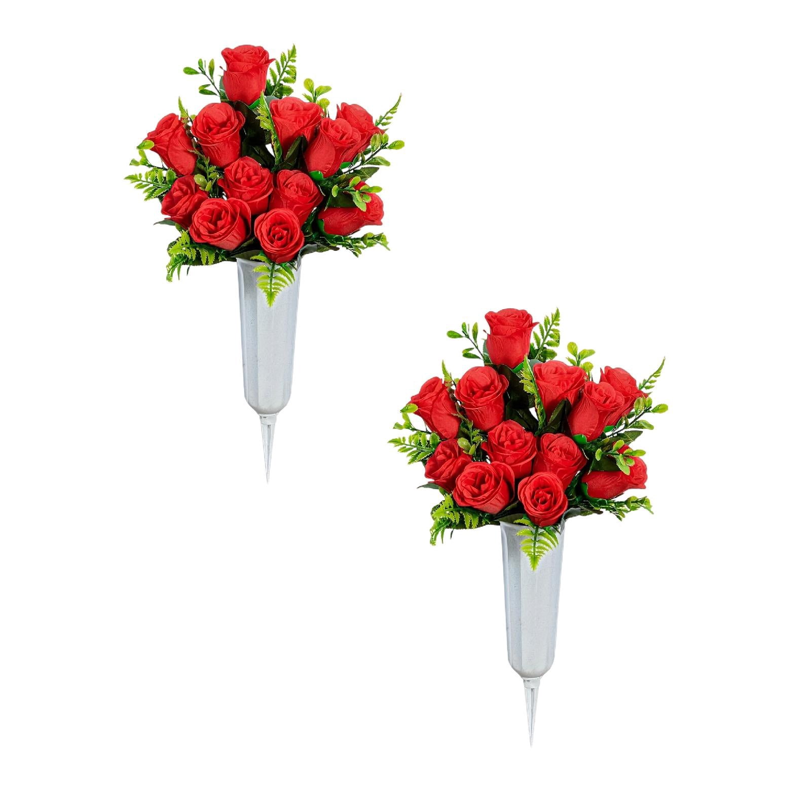 2 Pcs Artificial Cemetery Flowers with Vase, Artificial Rose Bouquet Graveyard Memorial Flowers Outdoor Grave Decorations for Cemetery Headstones Decoration, 16.5x11.8 Inch, Red
