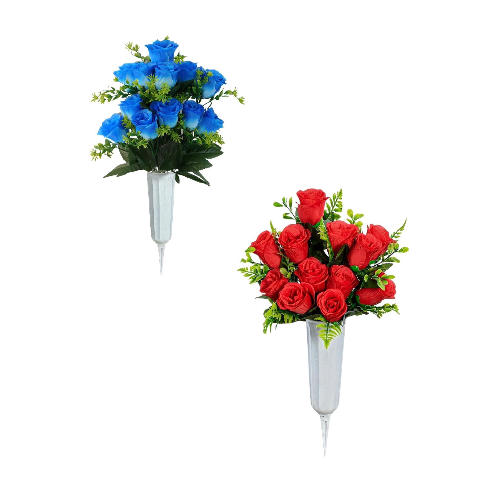 2 Pcs Artificial Cemetery Flowers with Vase, Artificial Rose Bouquet Graveyard Memorial Flowers Outdoor Grave Decorations for Cemetery Headstones Decoration, 16.5x11.8 Inch, Blue and Red