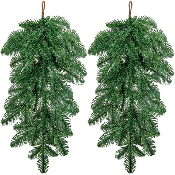 2 Pcs Artificial Christmas Teardrop Swag, 26" Faux Norfolk Pine Teardrop Door Swag, Real Touch Greenery Pine Wreath Staircase Swags for Xmas Holiday Door Mantle Fireplace Decor Indoor Outdoor