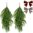 thumbnail image 1 of 2 Pcs Artificial Christmas Teardrop Swag with Plaid Bow, 28" Faux Pine Needles Teardrop Door Swag, Christmas Norfolk Greenery Teardrop Wreath for Xmas Door Mantle Fireplace Indoor Outdoor Decor, 1 of 14