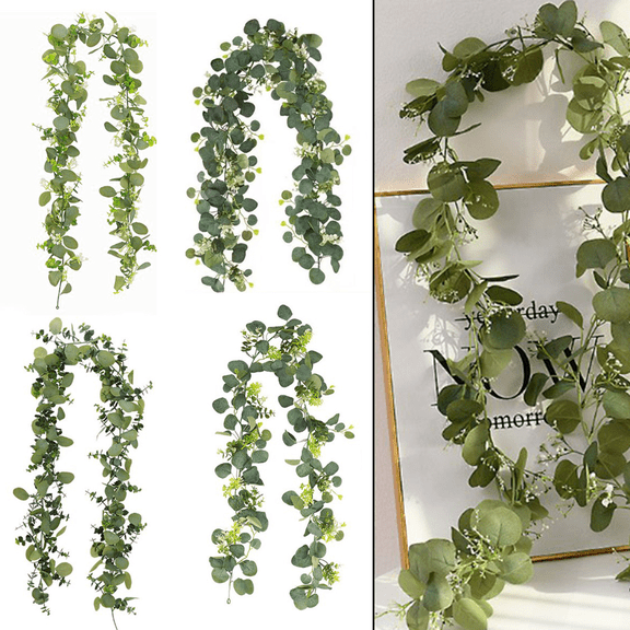 2 Pcs Artificial Eucalyptus Vines, 5.9FT Eucalyptus Cane Garland, Odorless Lush Green Leaves Artificial Hanging Plants, Boho Forest Greenery Decor for Home,Wedding Decoration(A style)