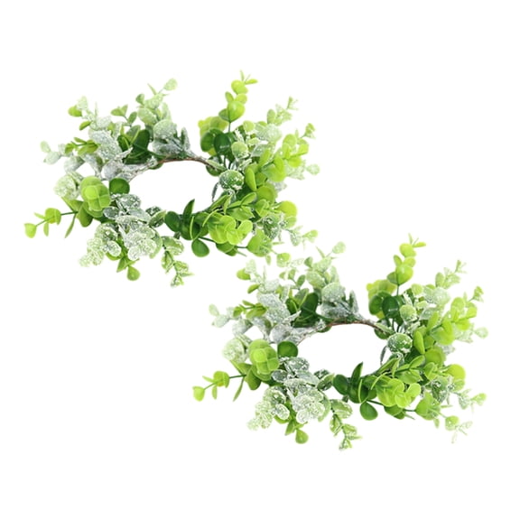 2 Pcs Artificial Eucalyptus Wreath Ring Green Leaf Candle Ring,Plastic Faux Greenery Plant Decor for Wall Hanging Table Centerpiece Home Wedding 3 Inch