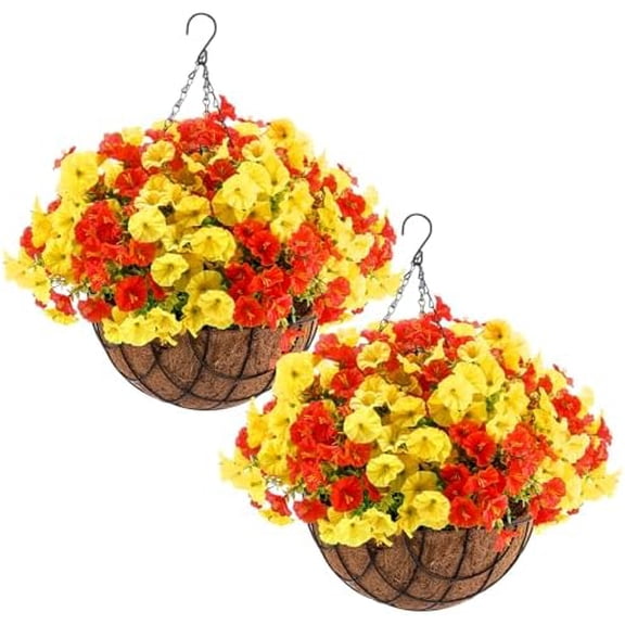 2 Pcs Artificial Fall Hanging Flowers in Basket for Porch Home Courtyard Decoration Artificial Morning Glory Fake Porch Plants in 12 Inch Coconut Lining Basket for Autumn Outdoor Indoor Decor