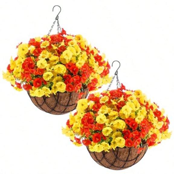 2 Pcs Artificial Fall Hanging Flowers in Basket for Porch Home Courtyard Decoration Artificial Morning Glory Fake Porch Plants in 12 Inch Coconut Lining Basket for Autumn Outdoor Indoor Decor