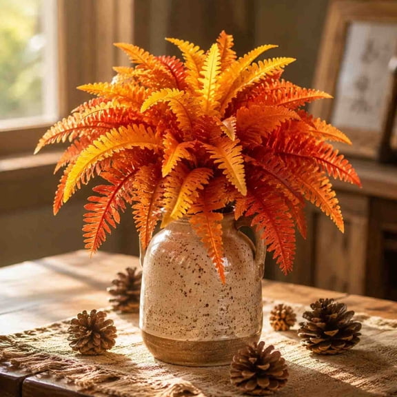 2 Pcs Artificial Fall Plants Artificial Fall Ferns for Outdoors, Fake Ferns Artificial Boston Fern Fake Plant Shrubs for Autumn Halloween Garden Fall Porch Decor