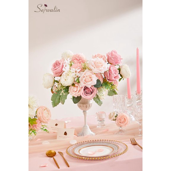 2 Pcs Artificial Flowers Fake Flowers for Wedding Bouquets Cake Flowers Decoration Mixed Roses Combo Blush Pink and White Flower Centerpieces Arrangements for Home Party Decor