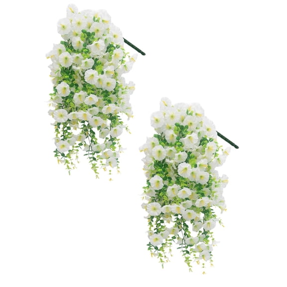 2 Pcs Artificial Hanging Flowers for Outdoors Morning Glory Artificial Flowers Spring Summer Decoration UV Resistant Fuchsia Faux Flowers for Outdoor Planters Front Door Porch Patio, 29.5", White