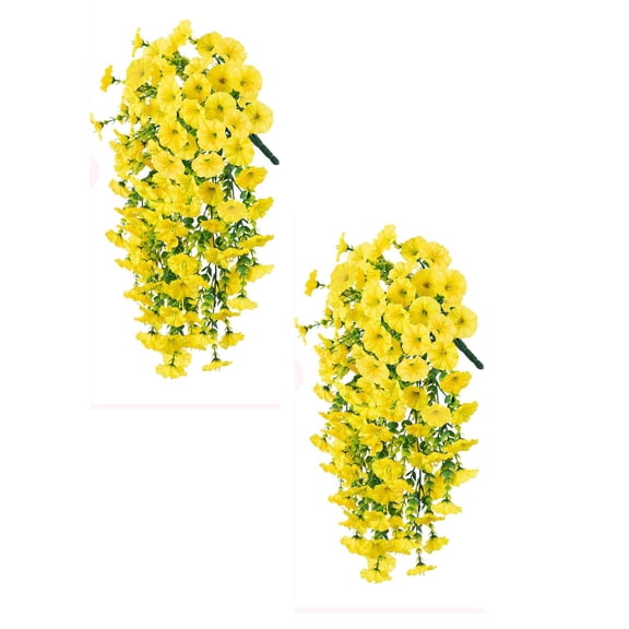 2 Pcs Artificial Hanging Flowers for Outdoors Morning Glory Artificial Flowers Spring Summer Decoration UV Resistant Fuchsia Faux Flowers for Outdoor Planters Front Door Porch Patio, 29.5", Yellow