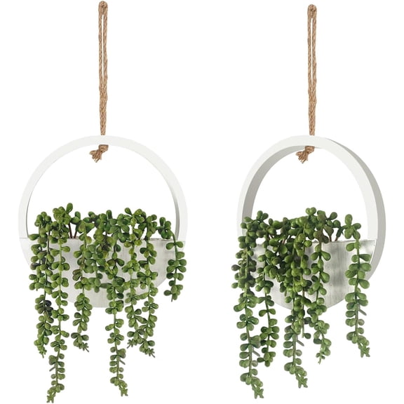 2 Pcs Artificial Hanging Succulents Plants, Faux String of Pearls Plants in Pot with a Lanyard, Hanging Fake Succulent Plants for Bedroom, Small Wall, Living Room Decor