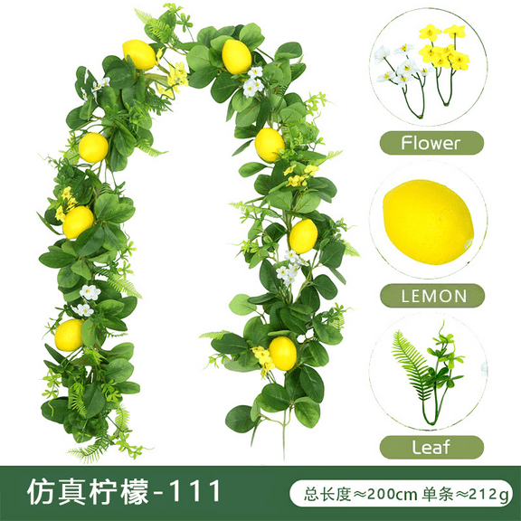 2 Pcs Artificial Lemon Garlands, 6.6 ft Faux Greenery Vines, Fake Fruit Vines with Lemons, Flowers, and Leaves, Spring Fruit Garlands for Indoor Outdoor Wedding Home Door Wall Decoration