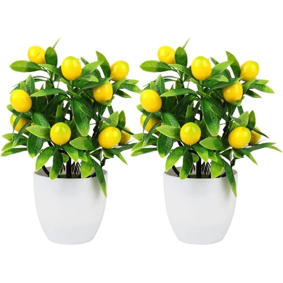 2 Pcs Artificial Lemon Tree Plant Decor, 9.45In Fake Green Pot Plants Flowers Ornaments Mini Potted Fruit Stems Decor in for Home Office Decorations, 3.78 x 9.45inch