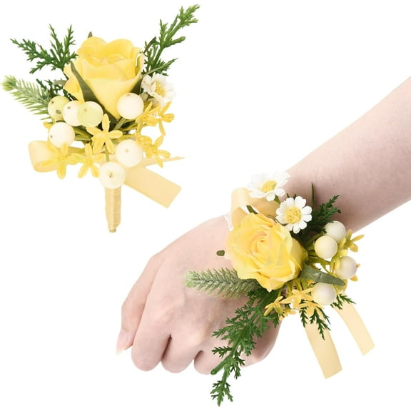 2 Pcs Artificial Light Yellow Wrist Corsage, Wedding Boutonniere Set, Satin Rose Fabric Flower, Groom Groomsmen Boutonniere for Graduation Prom, Wedding Suit Decoration, Homecoming