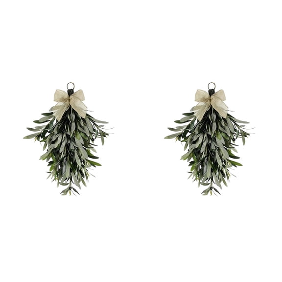 2 Pcs Artificial Olive Branch Swag 19.6 Inch with Burlap Bow, Farmhouse Greenery Wall Decor for Front Door Indoor Kitchen Entryway Wedding Arch, Artificial Plant Decor