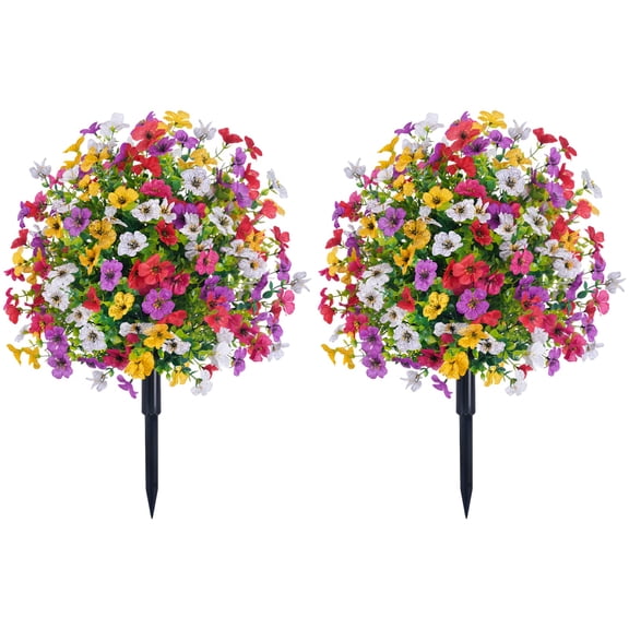 2 Pcs Artificial Outdoor Flowers, 15.7 x 23.6 in / 40 x 60 cm Waterproof Faux Flower Garden Stakes with 84 Blossoms, Realistic Violet Eucalyptus Faux Flower for Garden Yard Porch Patio Home Decor
