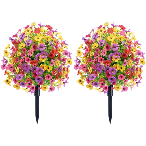 2 Pcs Artificial Outdoor Flowers, 15.7 x 23.6 in / 40 x 60 cm Waterproof Faux Flower Garden Stakes with 84 Blossoms, Realistic Violet Eucalyptus Faux Flower for Garden Yard Porch Patio Home Decor