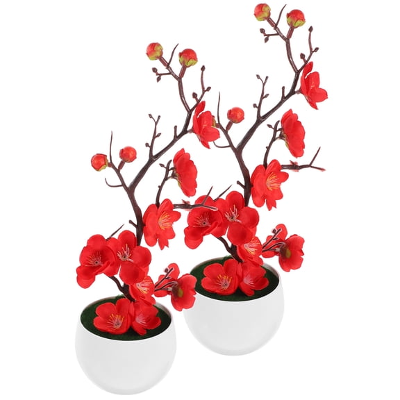 2 Pcs Artificial Potted Flower Plum Blossom Flowers Portable Medium Adjustable Office Red