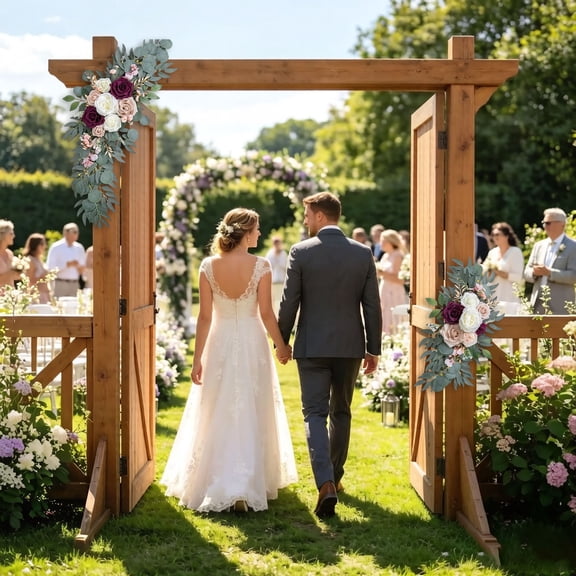 2 Pcs Artificial Wedding Arch Floral Swag Set, Silk Rose Peony Eucalyptus Greenery Corner Flower Arrangements, For Wedding Ceremony Arbor Welcome Sign Backdrop Decor