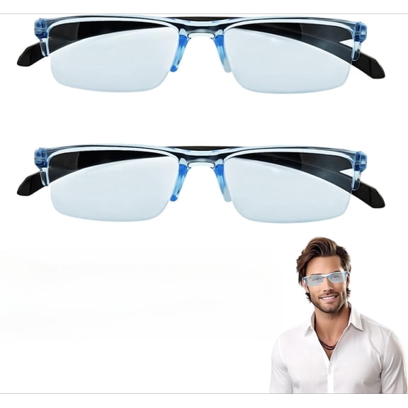 2 Pcs Auto Focus Glasses, Automatic Zoom Reading Intelligent Self Adjusting Presbyopia Anti-Blue Light Glass Adjustable Presbyopic Color-Changing Smart Look Far And Near For Men Women(Blue)