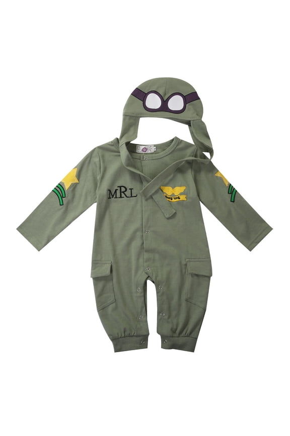 2 Pcs Autumn Baby Kids Boy Infant Pilot Letter Printed Cotton Romper+Cap Jumpsuit Outfits Set Clothes
