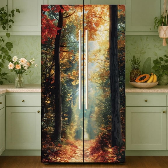 2 Pcs Autumn Forest Door Refrigerator Wraps Self-Adhesive Refrigerator Wrap Set Removable Fridge Sticker Fridges Panel Cover Sticker