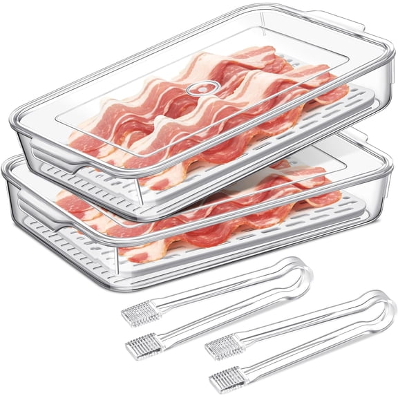 2 Pcs Bacon Storage Container for Refrigerator with Tong, Bacon Deli Meat Storage Container with Perforated Tray for Freshness, Clear Plastic Meat Saver for Fridge Food