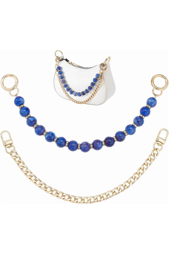 2 Pcs Bag Strap Extenders 2 Styles Blue Round Resin Imitation Gemstone Beaded Bag Decorative Chains and Iron Curb Chain Short Bag Straps Sets for Shoulder Body Bags Handbag Crafts Blue DIY