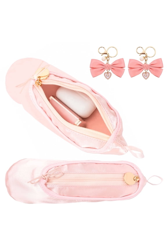 2 Pcs Ballet Slipper Makeup Bag,Portable Mini Cosmetic Pouch with Bow Heart Keychain,Small Wallet Earbud Case for Women Girls,Pink Color