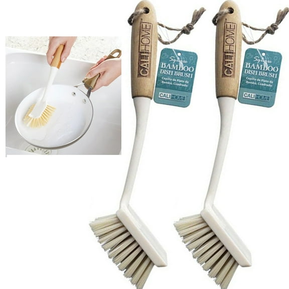 2 Pcs Bamboo Dish Brush Natural Wood Handle Kitchen Scrub Sink Wash Scrubber 11"
