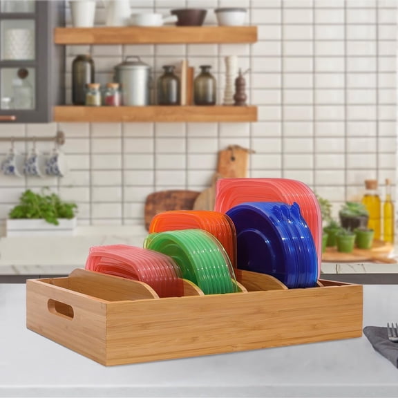 2 Pcs Bamboo Lid Holder for Cabinet, Kitchen Organizer with 5 Adjustable Dividers, Multipurpose Bamboo Storage Rack for Container Lids and Kitchen Gadgets