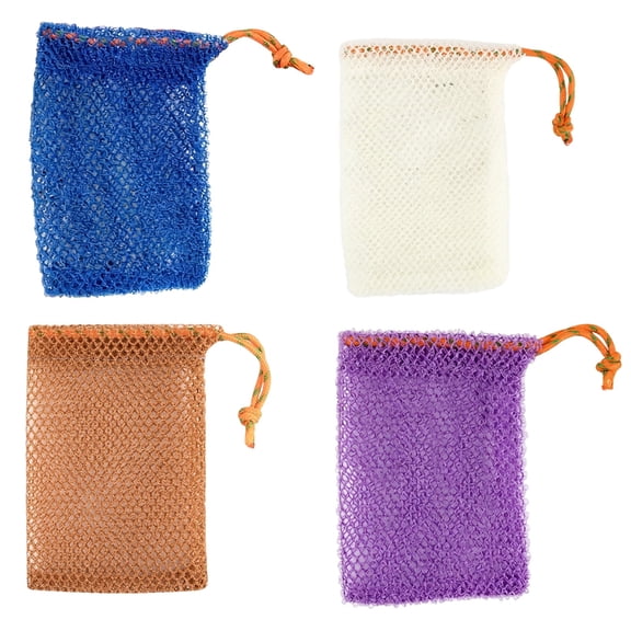 2 Pcs Bar Soap Pouch Set, Mesh Soap Saver Pouch with Exfoliating Nylon Net, Drawstring Soap Loofah Pouch, Quick Drying, Rich Lather, for Soap Storage, Purple Blue Brown Beige