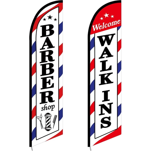 2 Pcs Barber Flag for Outside Barbershop Themed Swooper Flag Open Feather Barber Sign Welcome Banner for Salon Business Outdoor Advertising Outside(NOT INCLUDE POLE KIT)(8.2×2.1 ft)