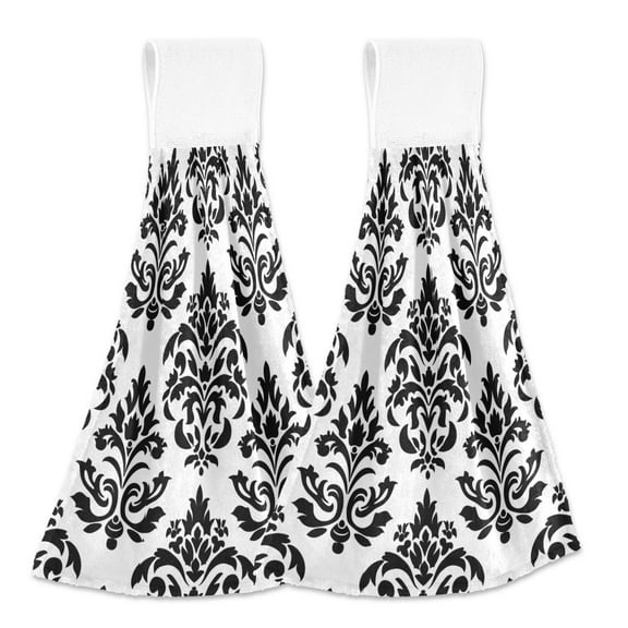 2 Pcs Baroque Black Damask Figure Kitchen Hand Towels with Hanging Loops Absorbent Soft Fast Drying Decor Bath Towels