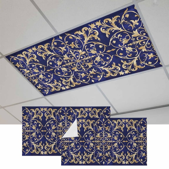 2 Pcs Baroque Floral Fluorescent Light Covers Abstract Floral Retro Rustic Navy Blue Magnetic Light Covers for Ceiling Lights 4 x 2 ft Drop Ceiling Lights Cover Shade for Office, Home, Hospital