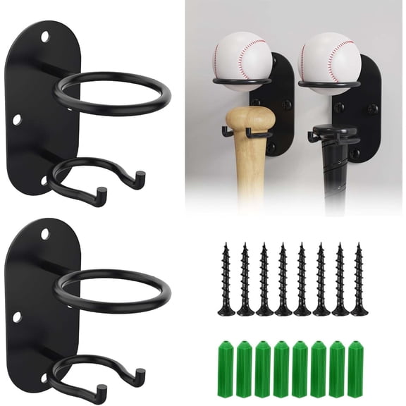 2 Pcs Baseball Bat Wall Mount Holders, 2-in-1 Metal Baseball Bat Rack Ball Display Holder, Wall Mounted Organization & Storage Rack for Bat & Ball, Ideal for Storage Collectible Baseball
