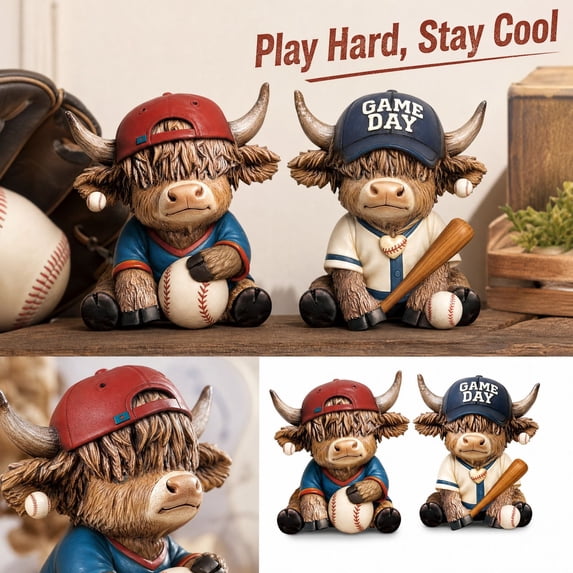Cow Db 2 Pcs Baseball Highland Cow Figurines, Sport Themed Cow Tabletop Decor ...