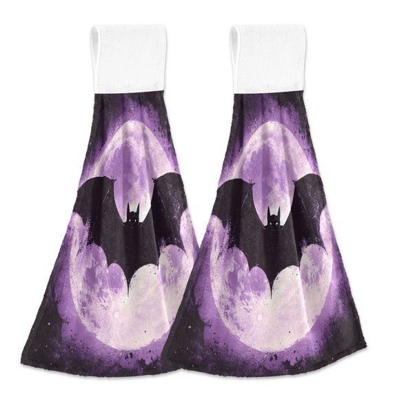 2 Pcs Bat and Moon Kitchen Hand Towels with Hanging Loops Absorbent Soft Fast Drying Decor Bath Towels