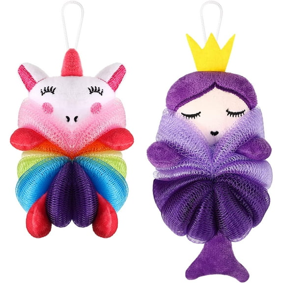 2 Pcs Bath Loofahs Kids Toddler Body Loofahs Cute Cartoon Kids Loofah Kid Bath Sponges Loofah Bath Pouf Body Scrubber Mesh Loofah Sponges for Children Shower Washing Exfoliating (Unicorn, Princess)