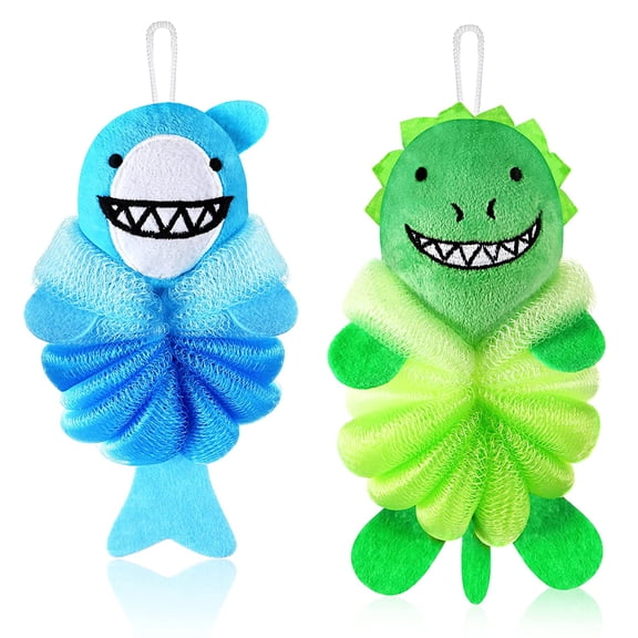 2 Pcs Bath Loofahs Kids Toddler Cute Cartoon Sponges Loofah Pouf Body Scrubber Mesh for Children Shower Washing Exfoliating