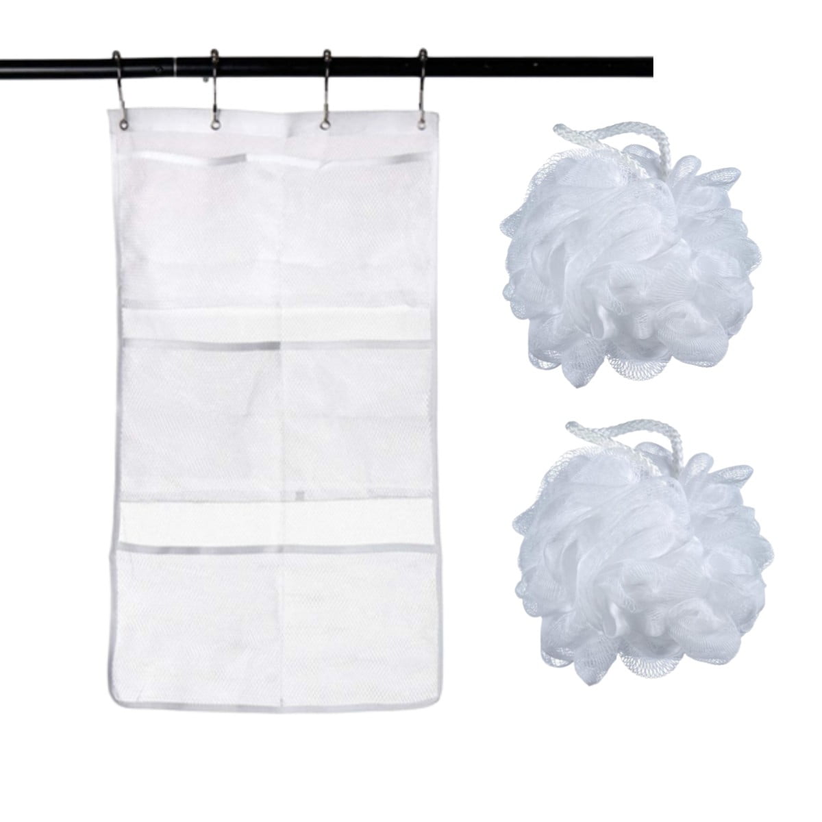 2 Pcs Bath Shower Sponge Loofahs 60g With Mesh Shower Organizer Hanging